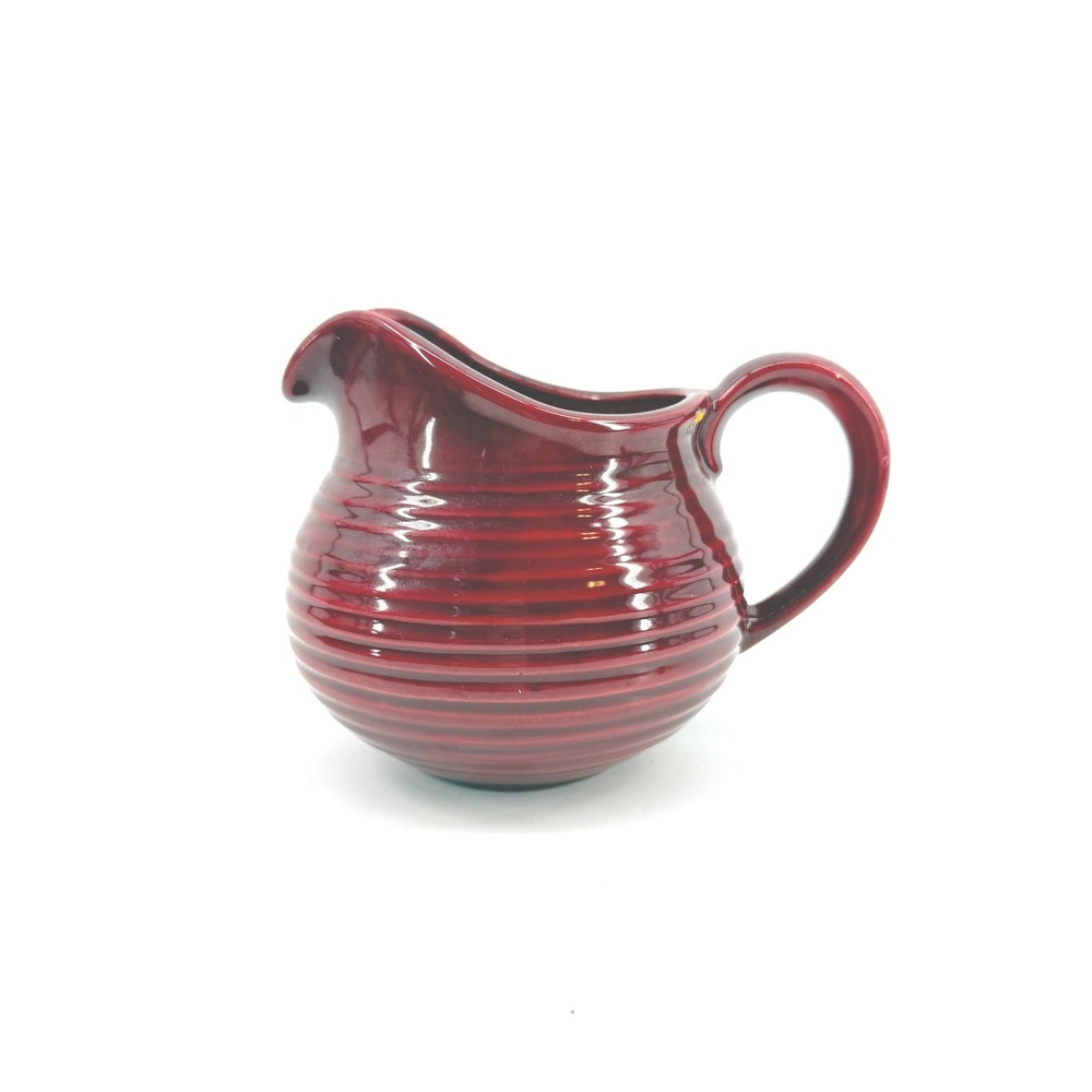 Ceramic Pitcher Burgundy Red Beehive Ribbed Creamer Pottery Rustic Country Glaze